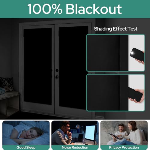 Homeideas 100% Blackout French Door Curtains, Privacy Door Curtains For Door Window, 30 X 68 Inch Room Darkening Curtains, Thermal Insulated Door Window Shades For Bedroom, (1 Panel, Black)